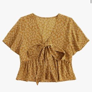 Floral Print V Neck Tie Knot Ruffle Hem Short Sleeve Blouse Peplum Top